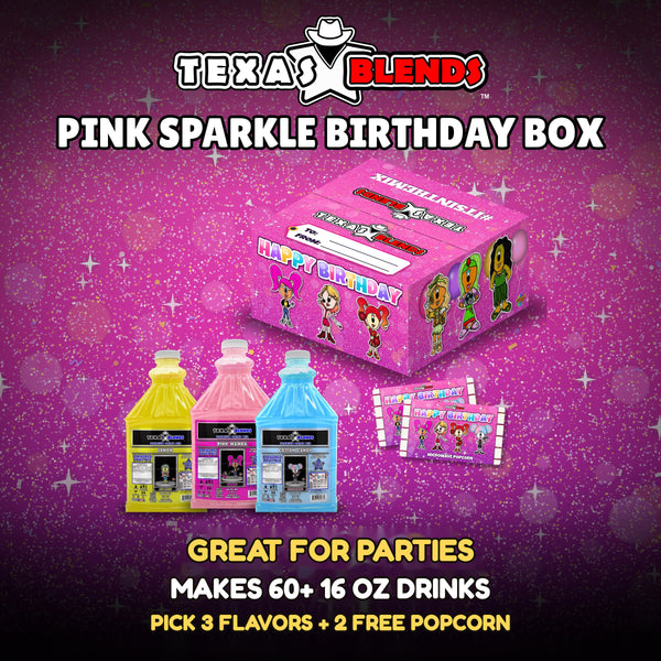 Pink Sparkle Birthday 3-bottle gift box with 3 bottles of 64 oz drink mix and 2 bags of popcorn