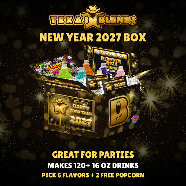 New Year 2027 limited edition 6-bottle gift box, open, with 64 oz drink mix bottles and popcorn