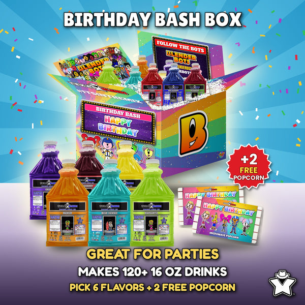 Birthday Bash 6-Bottle Party Pack - 6 Premium Drink Mix bottles plus 2 free popcorn