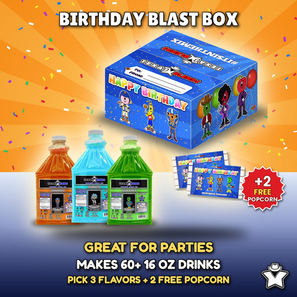 Birthday Blast 3-Bottle Party Pack - 3 Premium Drink Mix bottles plus 2 free popcorn