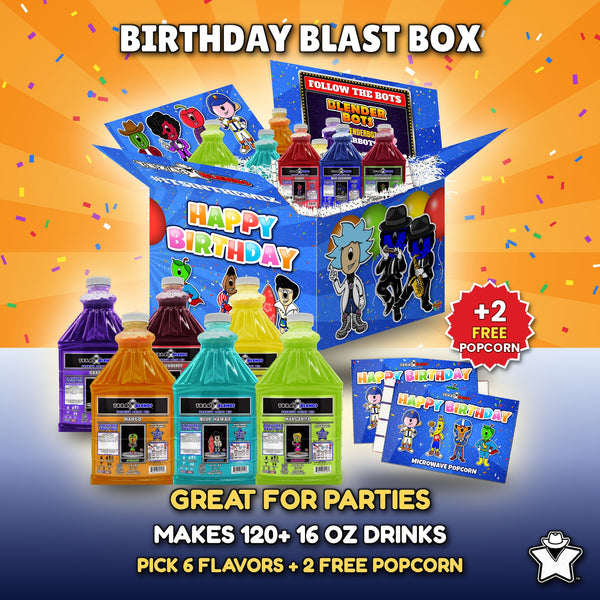 Birthday Blast 6-Bottle Party Pack - 6 Premium Drink Mix bottles plus 2 free popcorn
