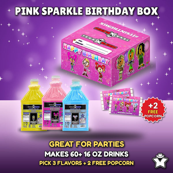 Pink Sparkle Birthday 3-Bottle Party Pack - 3 Premium Drink Mix bottles plus 2 free popcorn