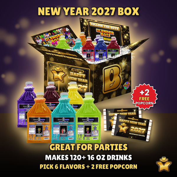 New Year 2027 6-Bottle Party Pack - 6 Premium Drink Mix bottles plus 2 free popcorn