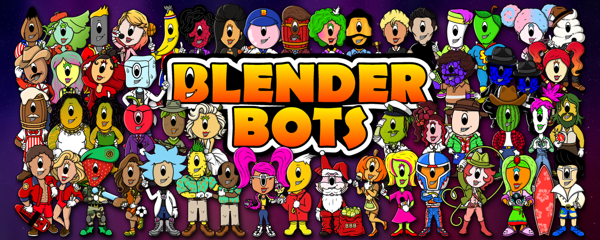 The Blender Bots crew gathered around the Blender Bots logo on a galaxy background