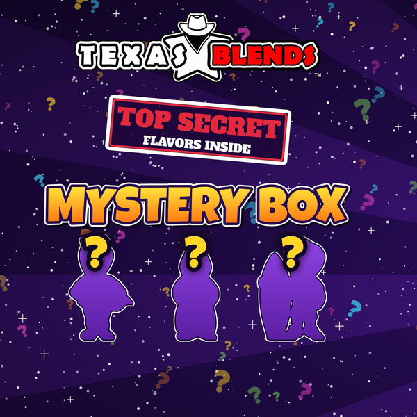 Mystery 3-bottle gift box lid: Top Secret flavors inside, Texas Blends Mystery Box with three hidden Blender Bots