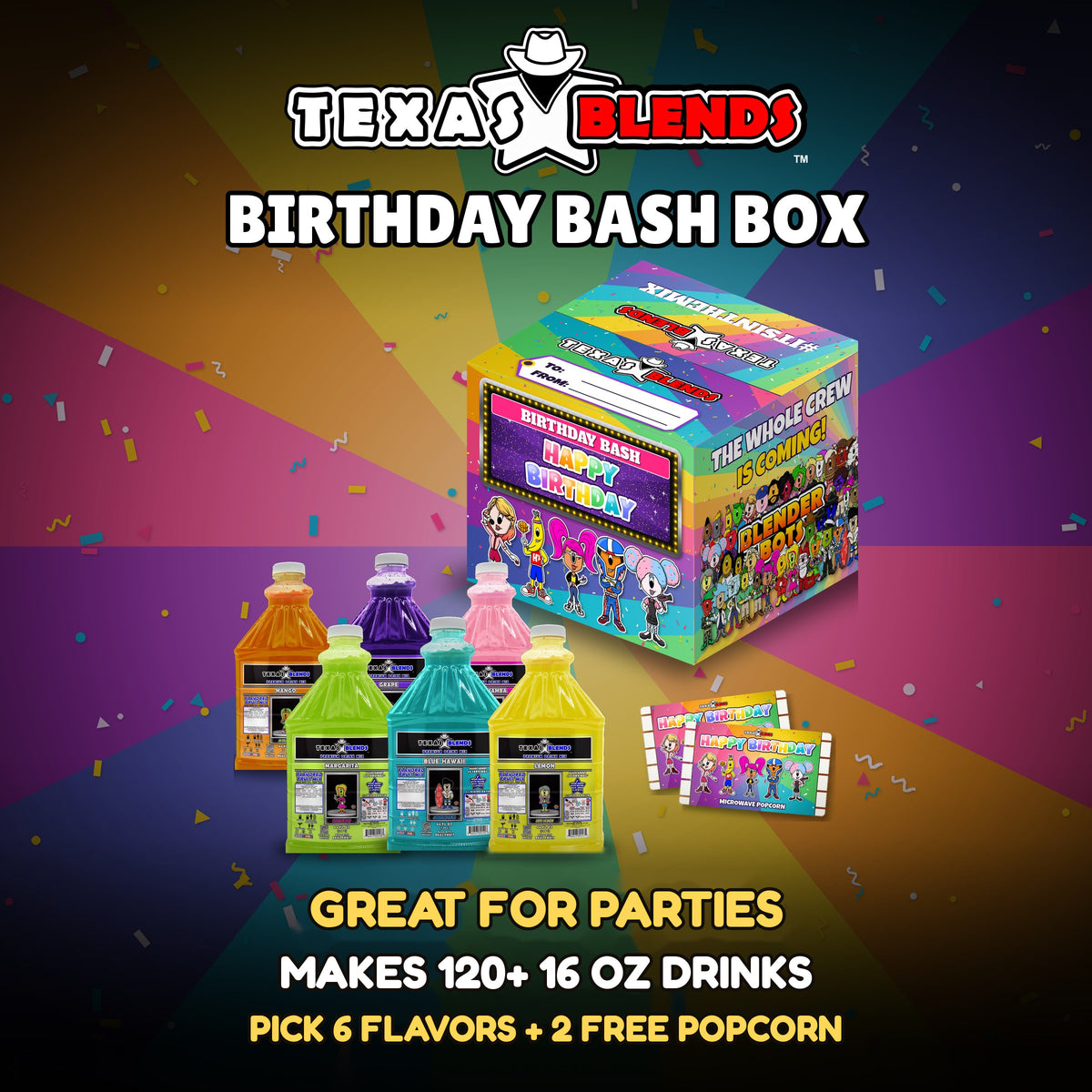 Birthday Bash 6-bottle gift box, closed, with 6 bottles and 2 bags of popcorn