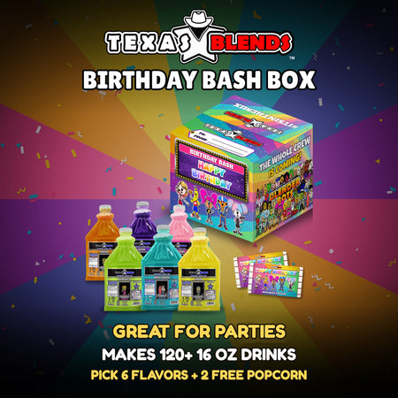 Birthday Bash 6-bottle gift box, closed, with 6 bottles and 2 bags of popcorn