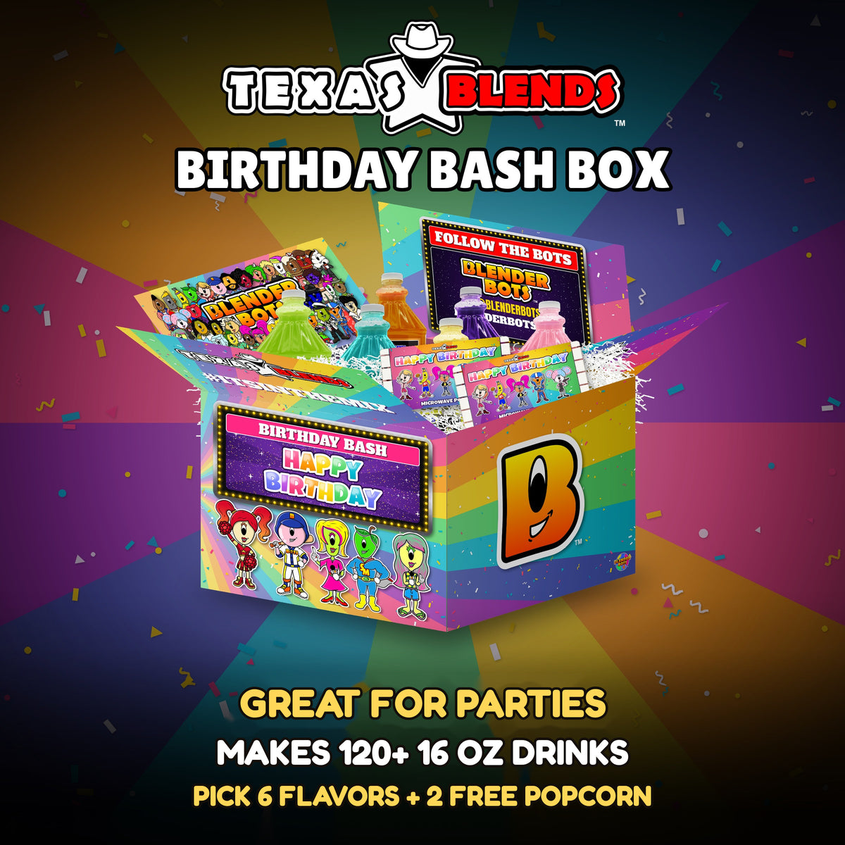 Birthday Bash 6-bottle gift box, open, with 64 oz drink mix bottles and popcorn