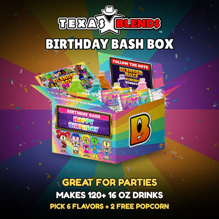 Birthday Bash 6-bottle gift box, open, with 64 oz drink mix bottles and popcorn