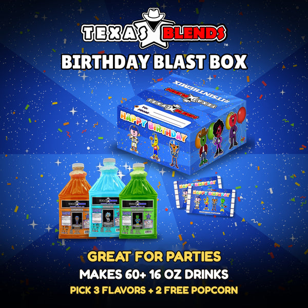 Birthday Blast 3-bottle gift box with 3 bottles of 64 oz drink mix and 2 bags of popcorn