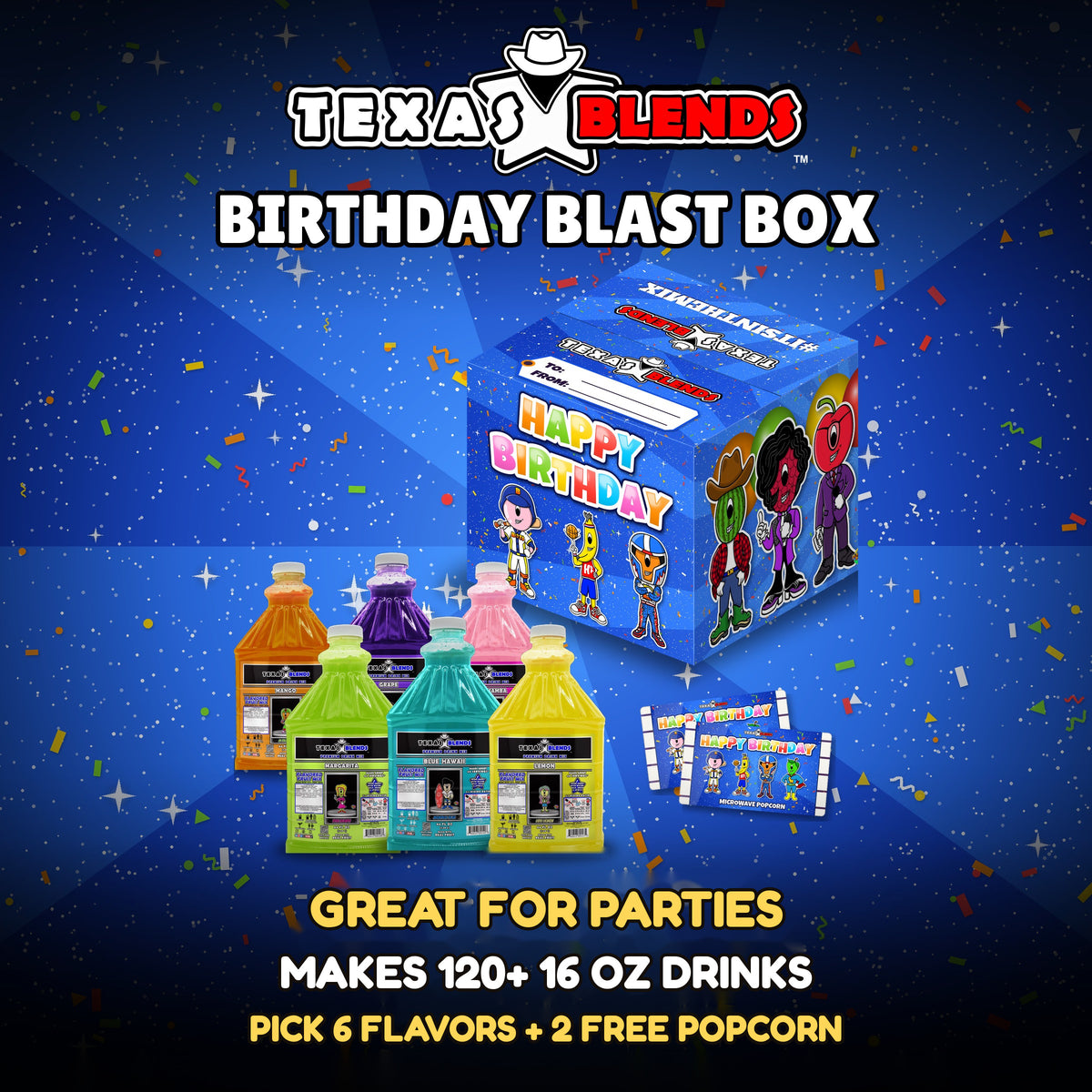 Birthday Blast 6-bottle gift box, closed, with 6 bottles and 2 bags of popcorn