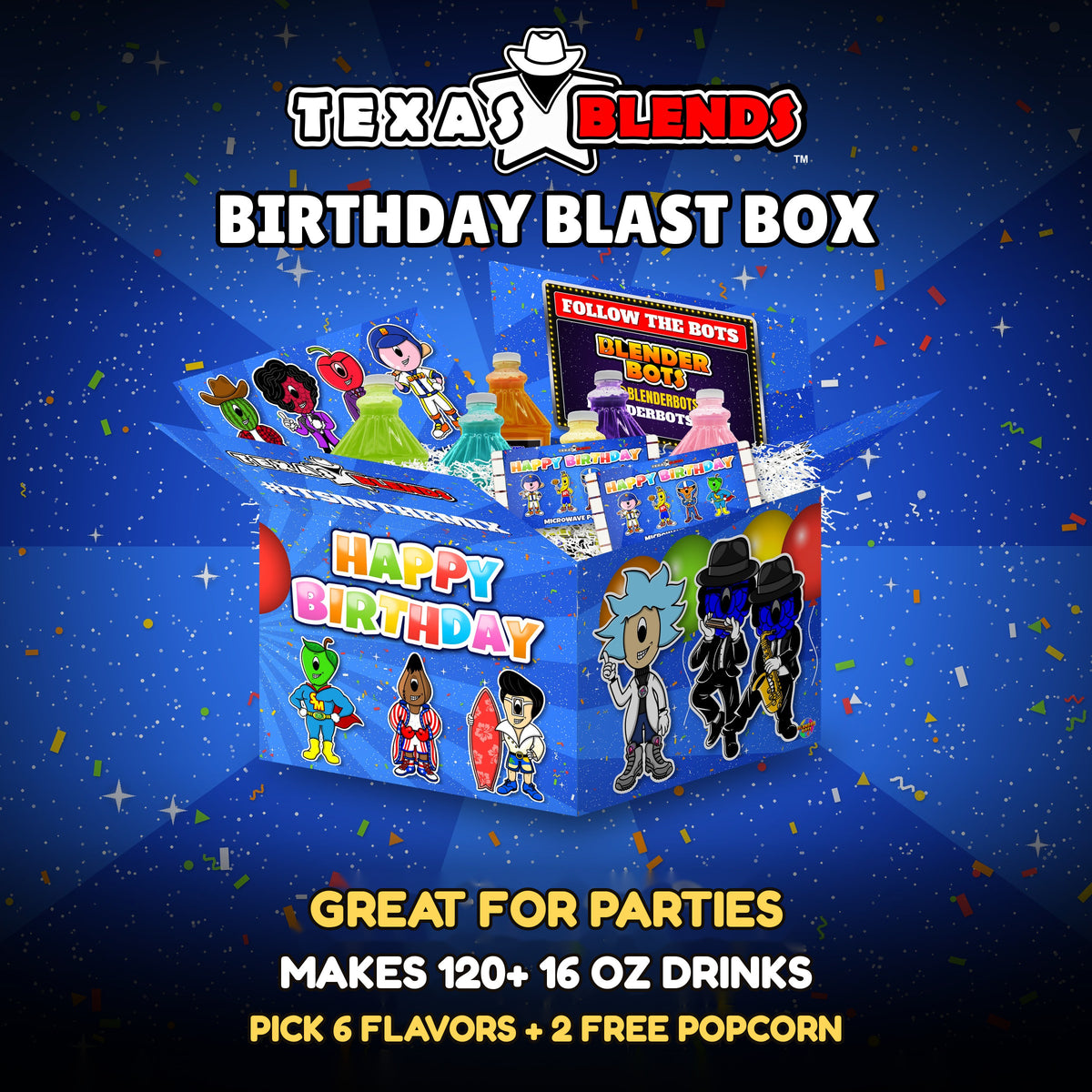 Birthday Blast 6-bottle gift box, open, with 64 oz drink mix bottles and popcorn