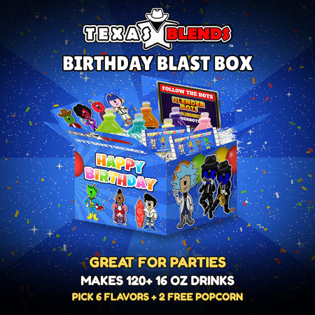 Birthday Blast 6-bottle gift box, open, with 64 oz drink mix bottles and popcorn