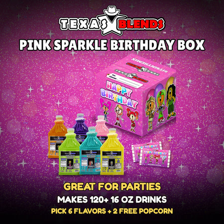 Pink Sparkle Birthday 6-bottle gift box, closed, with 6 bottles and 2 bags of popcorn