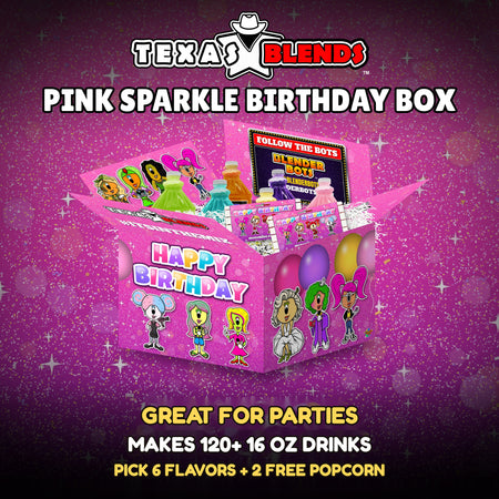 Pink Sparkle Birthday 6-bottle gift box, open, with 64 oz drink mix bottles and popcorn