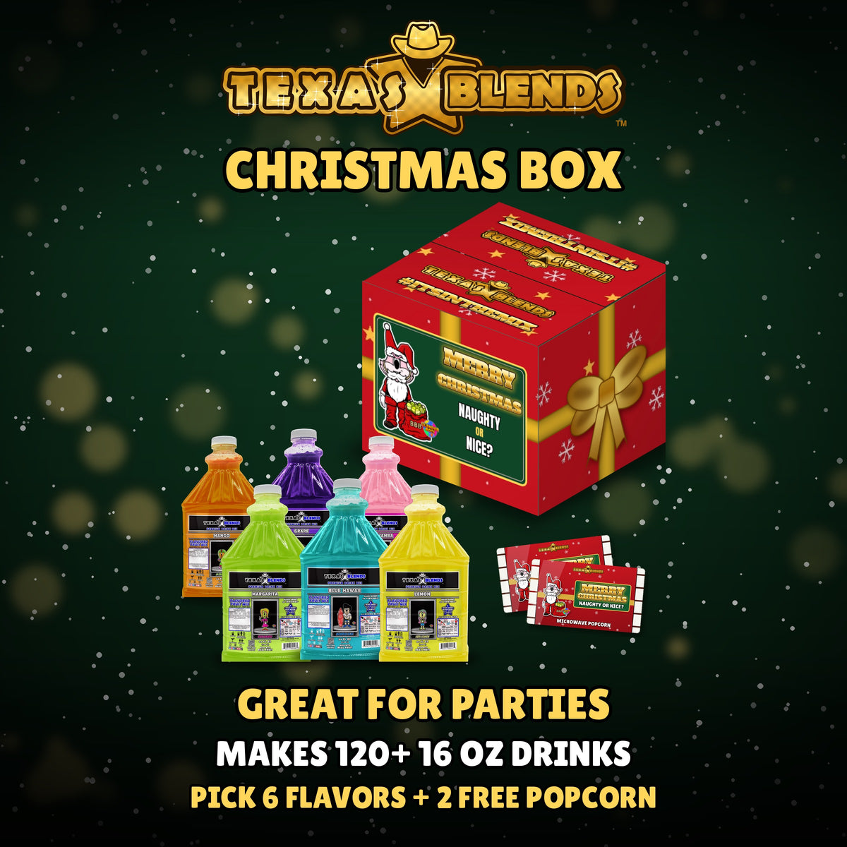 Christmas 6-bottle gift box, closed, with 6 bottles and 2 bags of popcorn