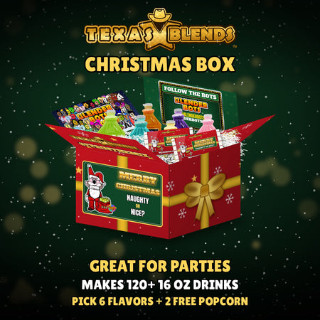 Christmas 6-bottle gift box, open, with 64 oz drink mix bottles, popcorn and white crinkle paper