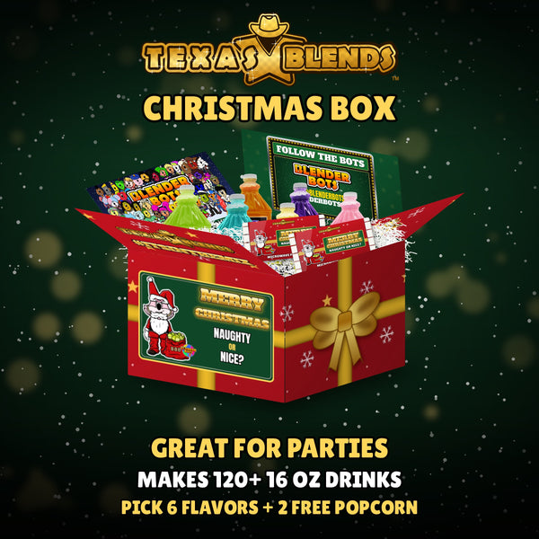 Christmas 6-bottle gift box, open, with 64 oz drink mix bottles, popcorn and white crinkle paper