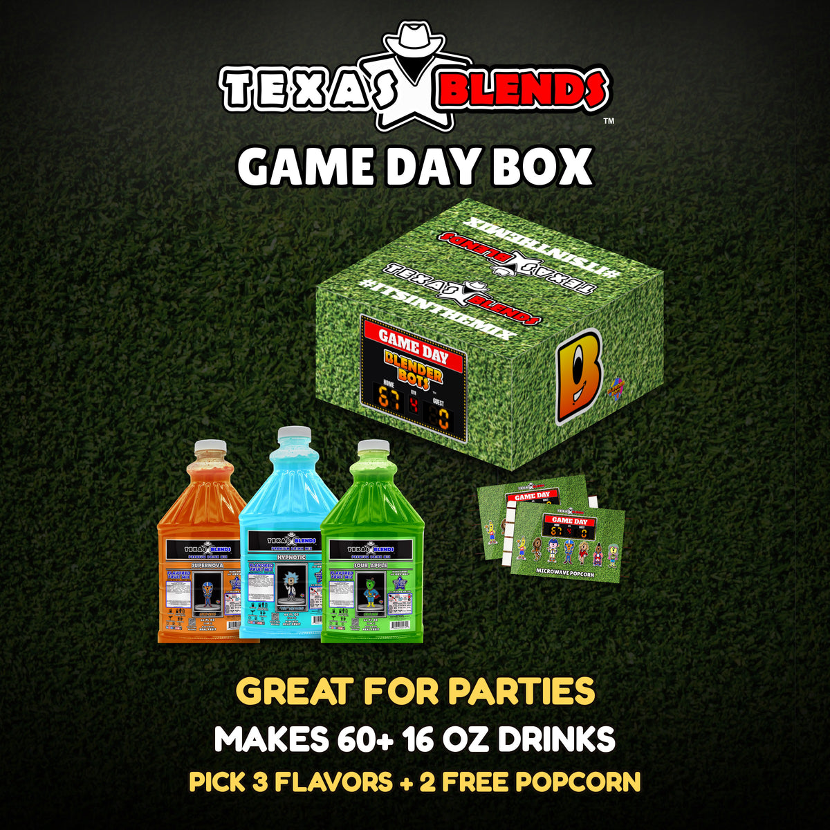 Game Day 3-bottle gift box, closed, with 3 bottles and 2 bags of popcorn