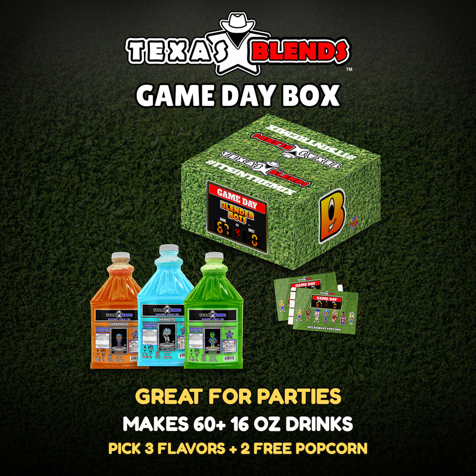 Game Day 3-bottle gift box, closed, with 3 bottles and 2 bags of popcorn