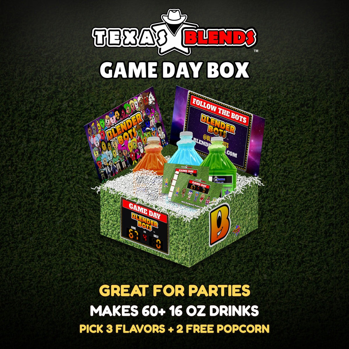 Game Day 3-bottle gift box, open, with 64 oz drink mix bottles, popcorn and white crinkle paper