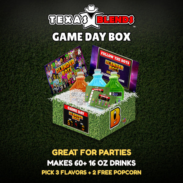 Game Day 3-bottle gift box, open, with 64 oz drink mix bottles, popcorn and white crinkle paper