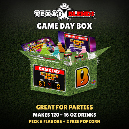 Game Day 6-bottle gift box, open, with 64 oz drink mix bottles, popcorn and white crinkle paper