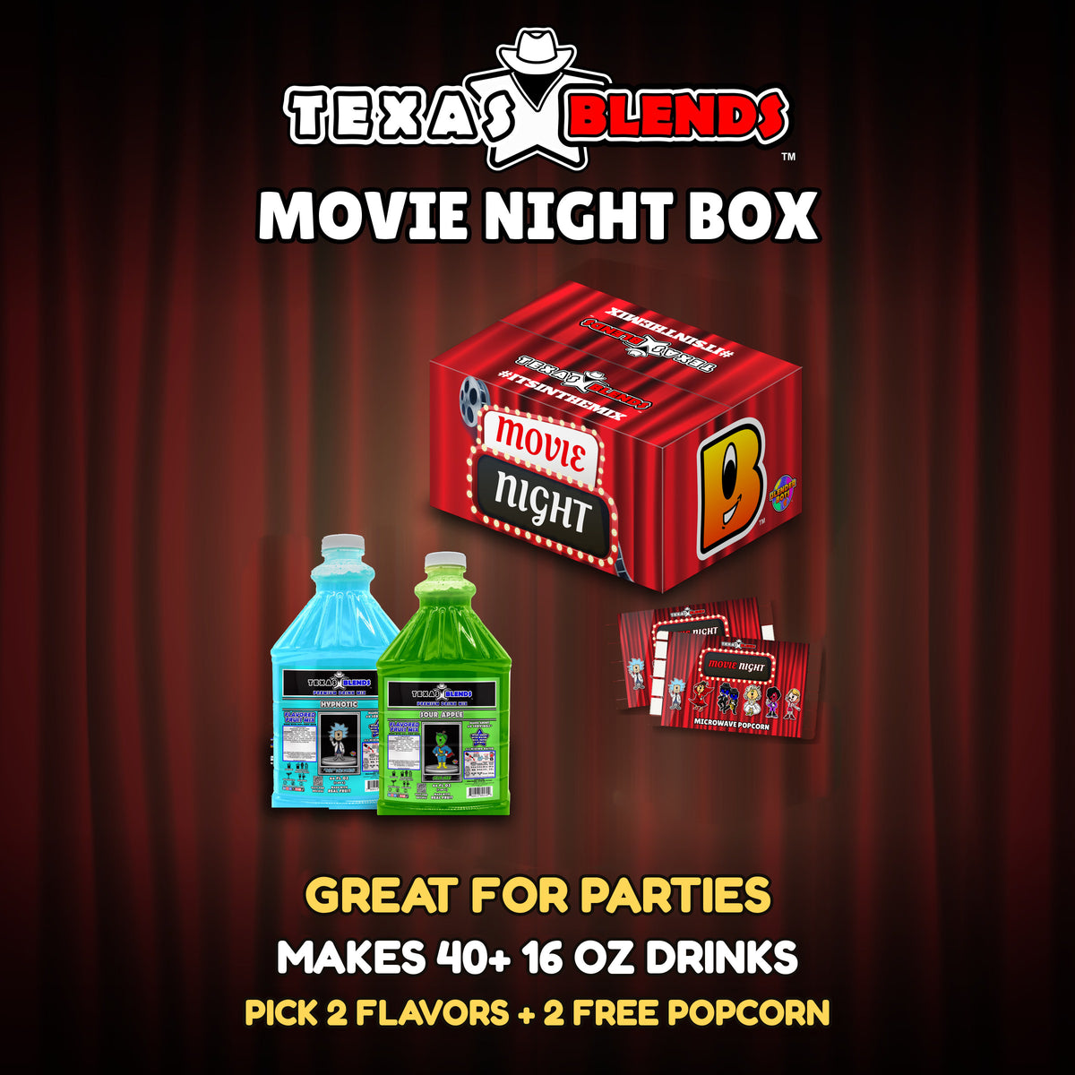 Movie Night 2-bottle gift box, closed, with 2 bottles and 2 bags of popcorn