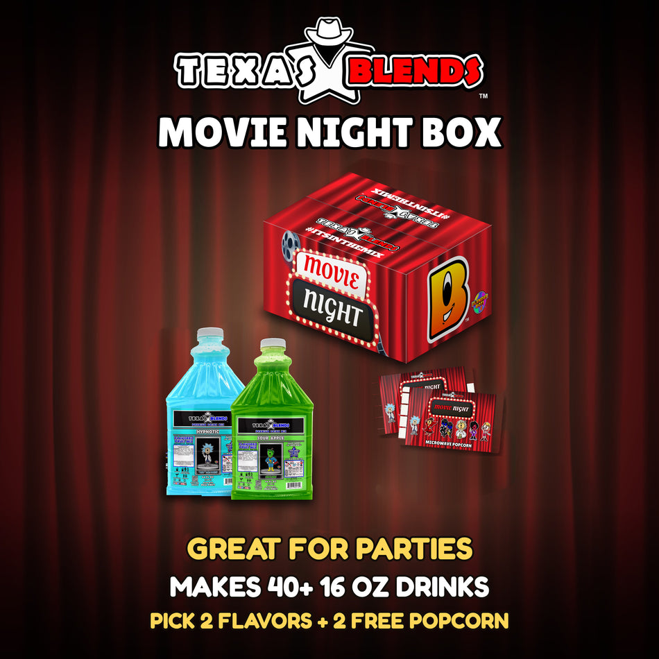 Movie Night 2-bottle gift box, closed, with 2 bottles and 2 bags of popcorn