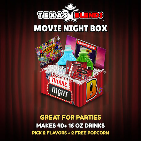 Movie Night 2-bottle gift box, open, with 64 oz drink mix bottles, popcorn and white crinkle paper