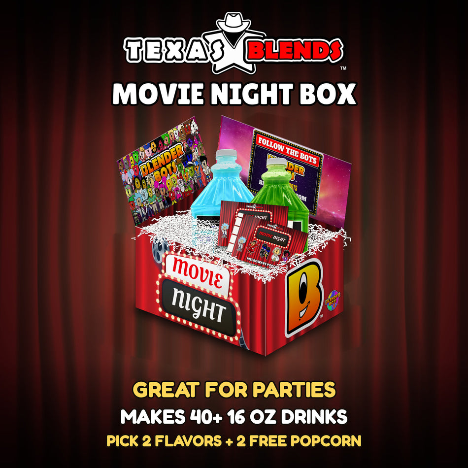 Movie Night 2-bottle gift box, open, with 64 oz drink mix bottles, popcorn and white crinkle paper