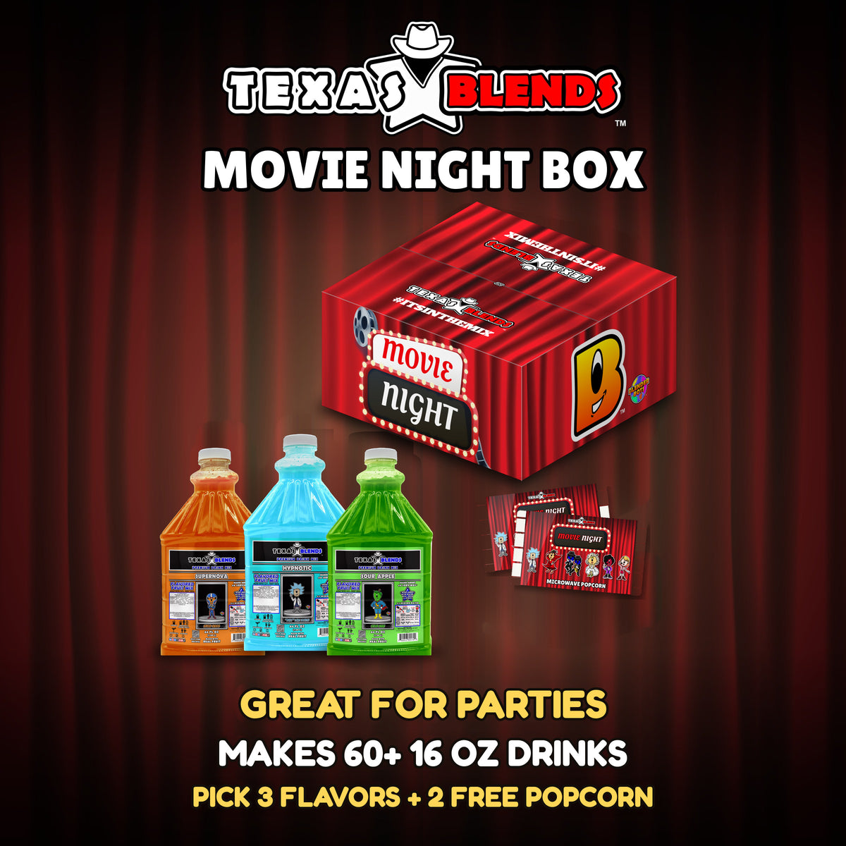 Movie Night 3-bottle gift box, closed, with 3 bottles and 2 bags of popcorn