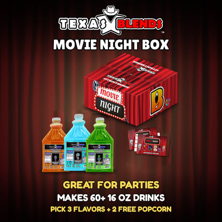 Movie Night 3-bottle gift box, closed, with 3 bottles and 2 bags of popcorn