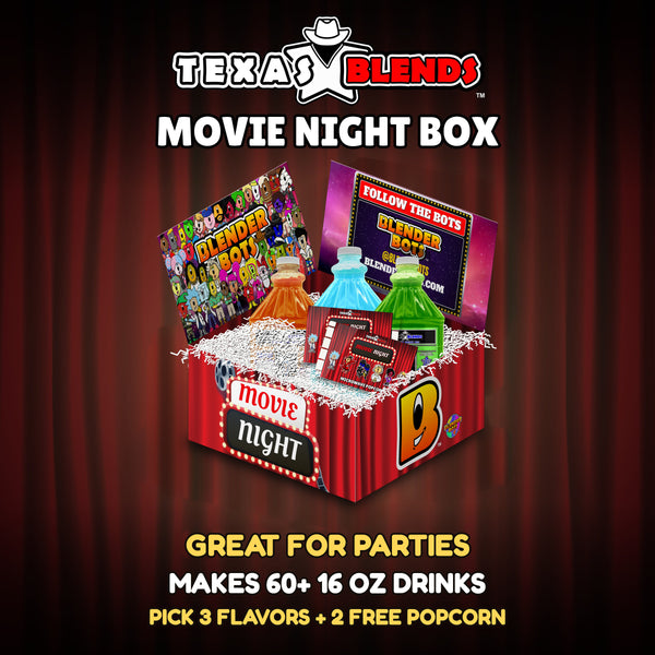 Movie Night 3-bottle gift box, open, with 64 oz drink mix bottles, popcorn and white crinkle paper