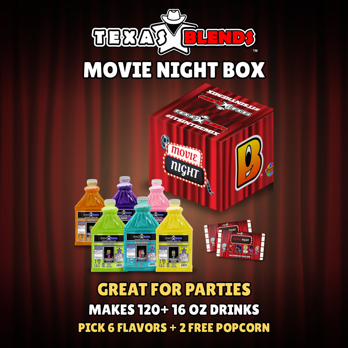 Movie Night 6-bottle gift box, closed, with 6 bottles and 2 bags of popcorn