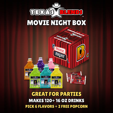 Movie Night 6-bottle gift box, closed, with 6 bottles and 2 bags of popcorn