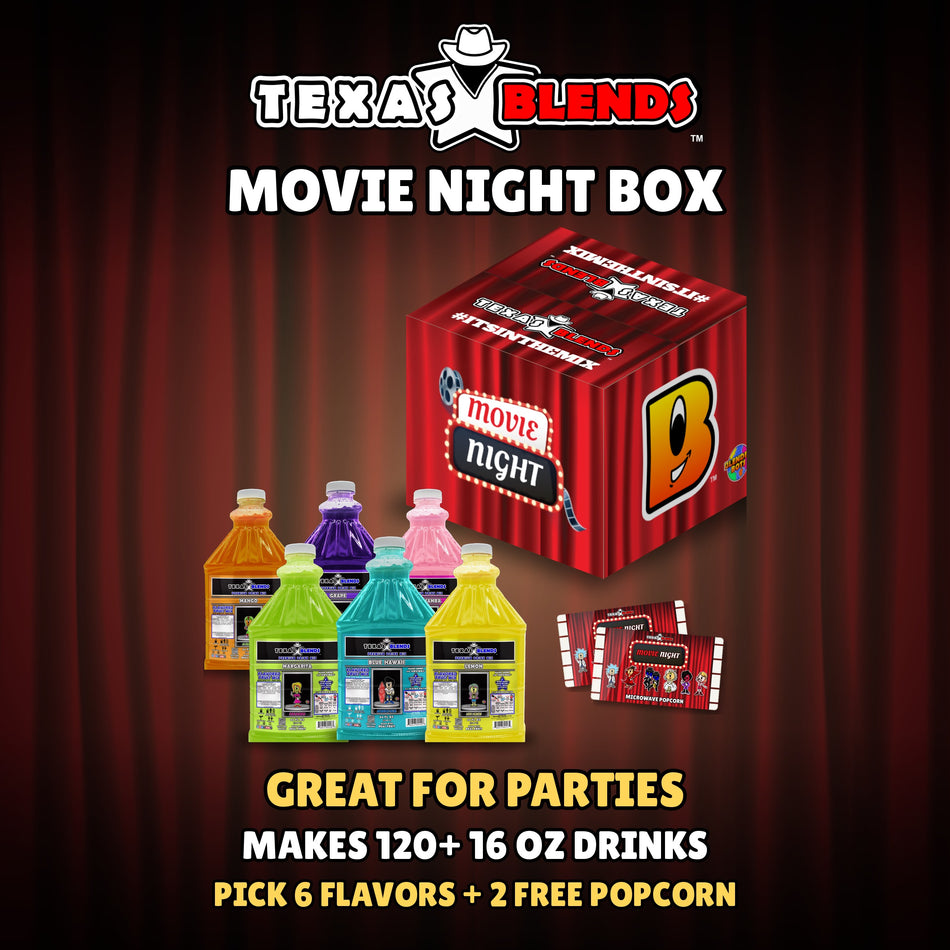 Movie Night 6-bottle gift box, closed, with 6 bottles and 2 bags of popcorn
