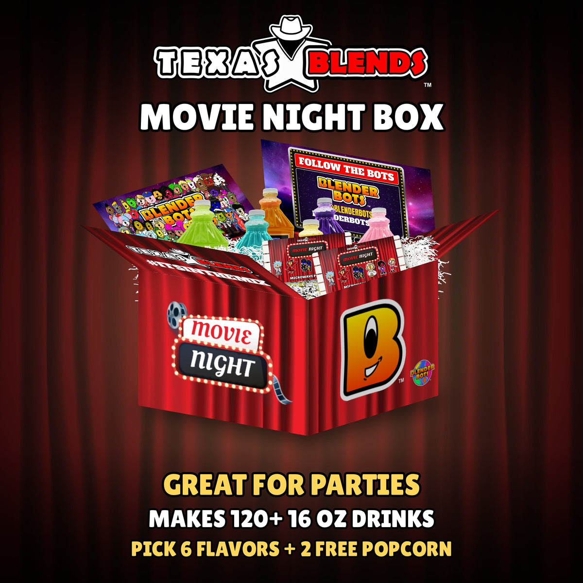 Movie Night 6-bottle gift box, open, with 64 oz drink mix bottles, popcorn and white crinkle paper