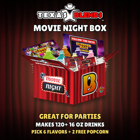 Movie Night 6-bottle gift box, open, with 64 oz drink mix bottles, popcorn and white crinkle paper