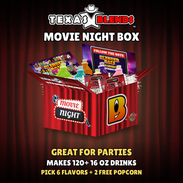 Movie Night 6-bottle gift box, open, with 64 oz drink mix bottles, popcorn and white crinkle paper