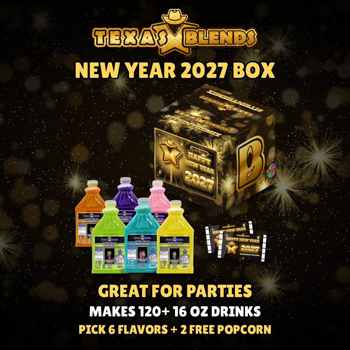 New Year 2027 6-bottle gift box, closed, with 6 bottles and 2 bags of popcorn