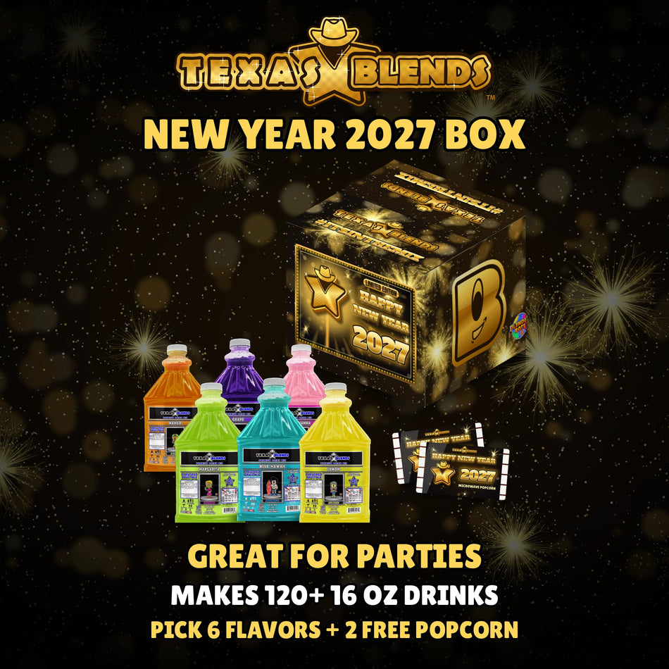 New Year 2027 6-bottle gift box, closed, with 6 bottles and 2 bags of popcorn
