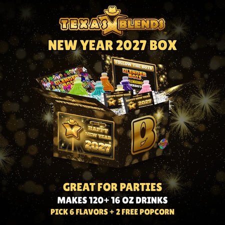 New Year 2027 limited edition 6-bottle gift box, open, with 64 oz drink mix bottles and popcorn