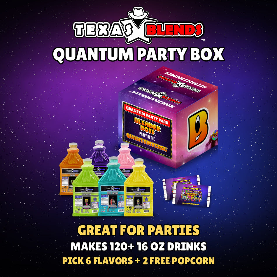 Quantum Party 6-bottle gift box, closed, with 6 bottles and 2 bags of popcorn