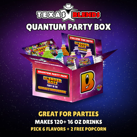 Quantum Party 6-bottle gift box, open, with 64 oz drink mix bottles, popcorn and white crinkle paper