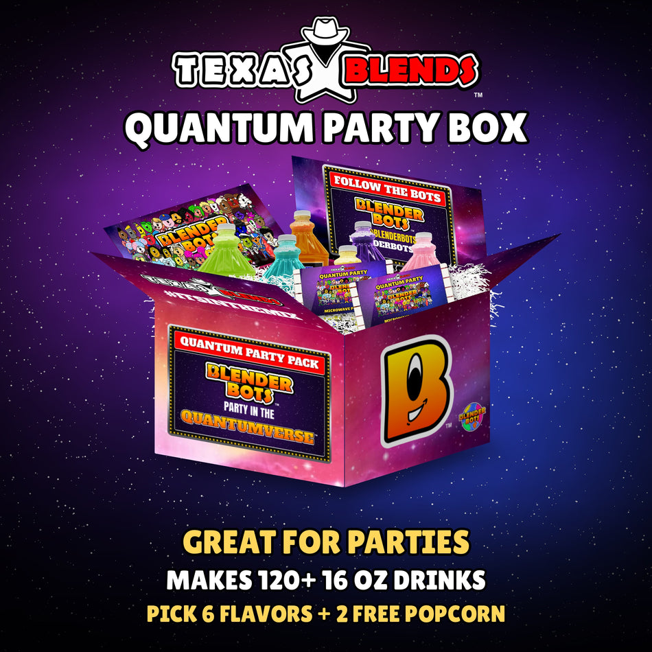Quantum Party 6-bottle gift box, open, with 64 oz drink mix bottles, popcorn and white crinkle paper