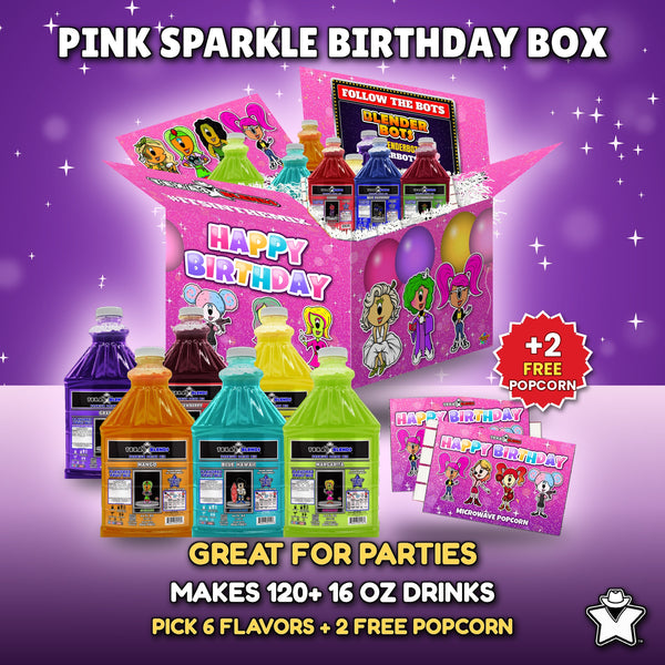 Pink Sparkle Birthday 6-Bottle Party Pack - 6 Premium Drink Mix bottles plus 2 free popcorn