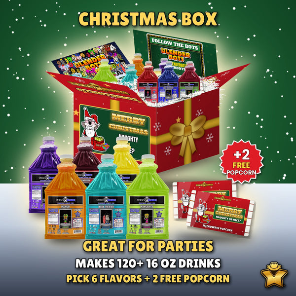 Christmas 6-Bottle Party Pack - 6 Premium Drink Mix bottles plus 2 free popcorn