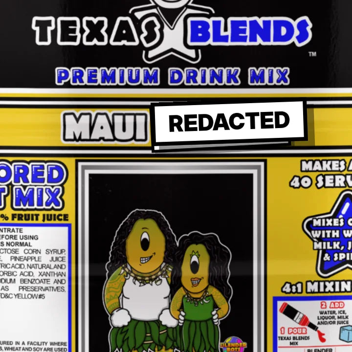 Maui Wow bottle with a REDACTED sign over the label